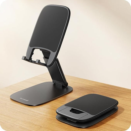 Lamicall Ultra-Thin Phone Stand for Desk, Foldable Cell Phone Holder Height Adjustable, Sturdy Weighted Base, Thick Case Friendly for Home Office Travel, Fit iPhone 17 16 15 13 Pro Max, Galaxy S26