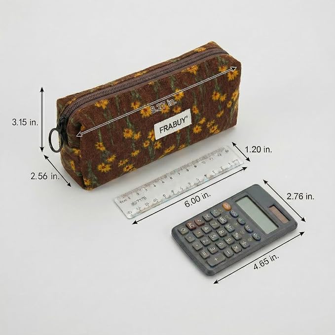 Soft Corduroy Pencil Case Pen Pouch Organizer, Small Stationery Bag | Cute brown chrysanthemum pencil pouch, smooth zipper, daily cosmetics holder, compact organizer for school teen girls, women