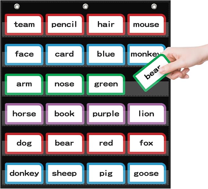 ANCOMEDO 20”W x 25”H Classroom Words Pocket Chart with 6 Clear Pockets, Black Standard Pocket Chart for Classroom and Home for Sentence Strips, Reusable Clear Pocket Hanging Words Chart (Black)