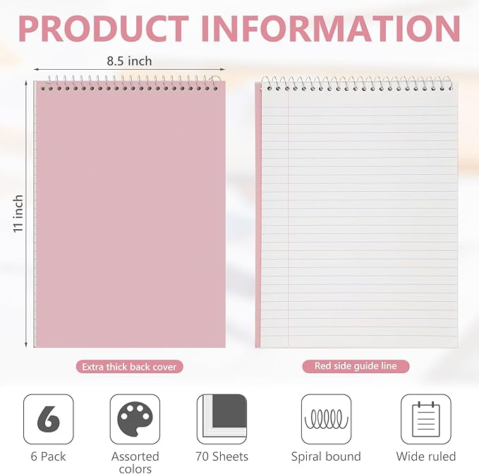 Resurhang 6 Pack 8.5 x 11'' Top Bound Office Steno Book Wide Ruled Double Sided Spiral Notebooks Reliable White Paper 70 Sheets/Pad Pastel Colors Covers for Writing School Notes(Bohemian Color)