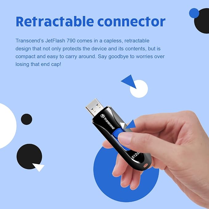 Transcend JF790 512GB USB Flash Drive, for PC/Mac/Laptop/Windows/Computer/Desktop/TV/Car Audio, USB3.2 Gen1 Memory Stick, Thumb Drives Data Storage w/Retractable Connector, USB2.0/3.0/3.1 Compatible