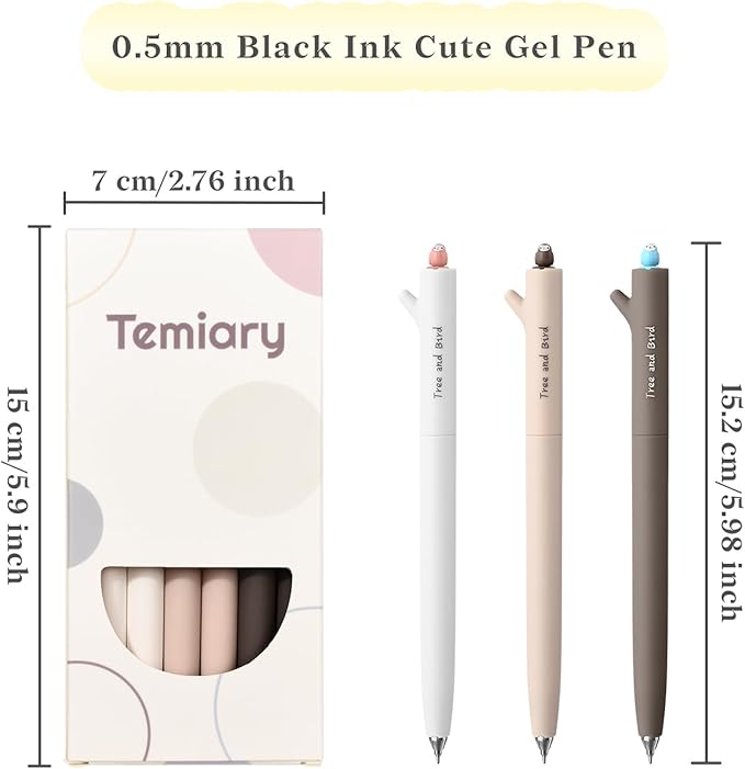 Temiary 6 Pcs Rotatable Quick-Dry Black Gel Ink Pens, Cute Gel Pen for Journaling Planning, 0.5 mm Fine Point Smooth Writing for School Office Home Supplies (Bird)