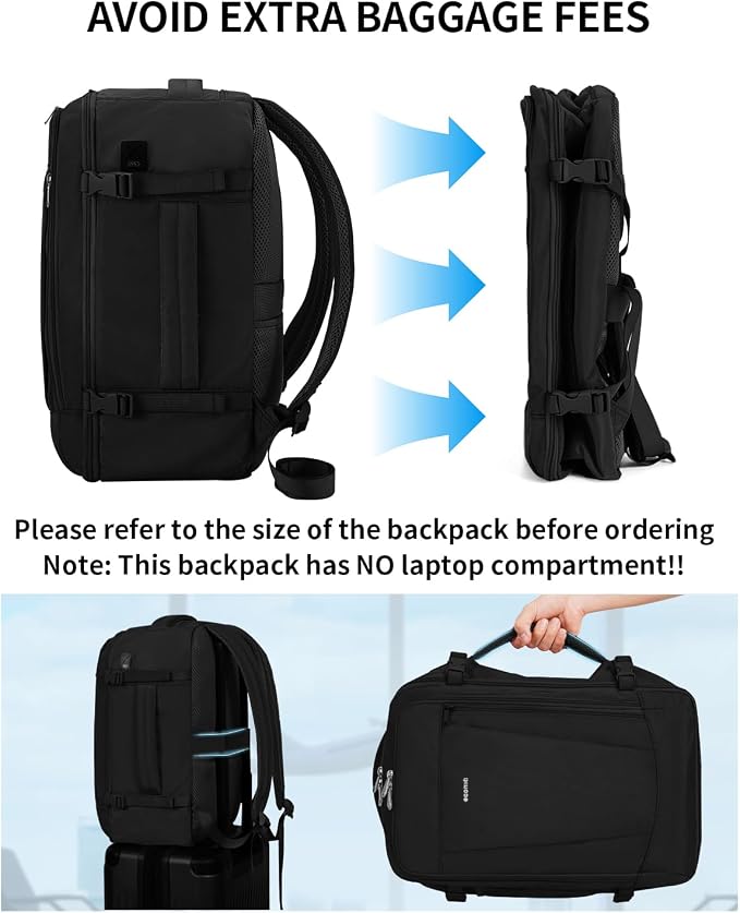 ECOHUB Small Travel Backpack 17" United Airlines Personal Item Bag Black | 16.7"x10"x8" Small Backpack with 13 Pockets Water Resistant Carry on Backpack with USB Port Luggage Sleeve for Women Men