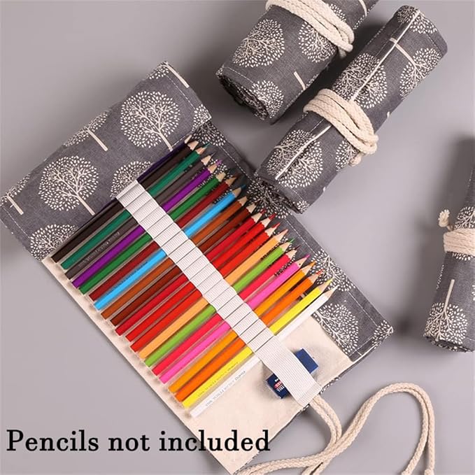 DIYOMR 24/36/72 Slots Pencil Wrap Pencil Rolls, Artist Colored Pencils Roll Up Bag Short Brushes Pouch Case Pencils Organizer for Drawing Coloring and Sketching (Trees, 24slots)