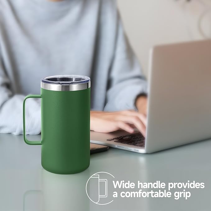 Volhoply 22oz Insulated Stainless Steel Coffee Mugs with Leakproof Lid Bulk 2 Pack,Double Wall Vacuum Travel Coffee Cup with Handle,Reusable Metal Tumbler,Camping Mug Keep Hot&Cold(Assort Color,2)