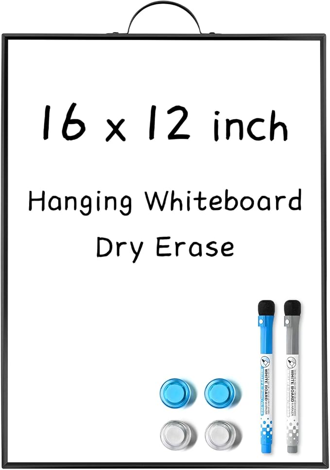 Small Hanging Whiteboard for Wall 16"x12", Portable Aluminum Frame Magnetic Dry Erase White Board with Handle & Markers & Magnets, Door Hang Message Board for Office Home Kitchen Dorm