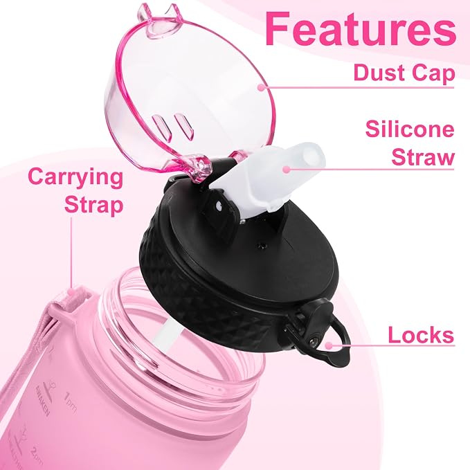 24 OZ Motivational Kids Water Bottle With Time Marker,Straw Lid,Leak Proof, Tritan BPA Free Sports Water Bottle Pink(1 Lid)