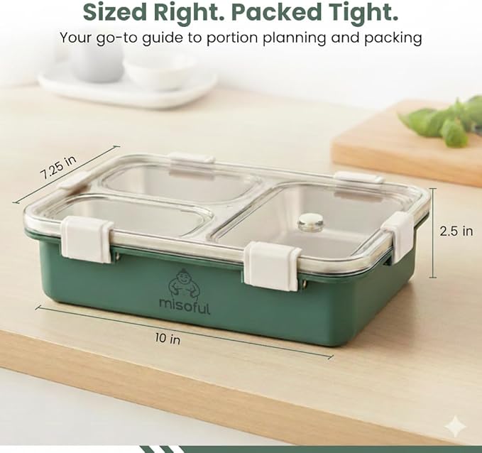 Bento Lunch Box for Kids Age 8+, Teens, Adults - 1000ml Stainless Steel School Lunchbox, 3 Compartments, Non-Microwavable, Compact BPA-Free Food Container for School Lunches, Snacks, Travel - Green
