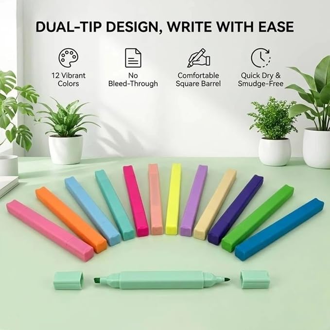 konket 12Pcs Dual Tip Highlighters, Pastel highlighters Quick Dry, Aesthetic Cute Markers, for Journaling Accessories School Supplies and Nurse Office (Macaron)