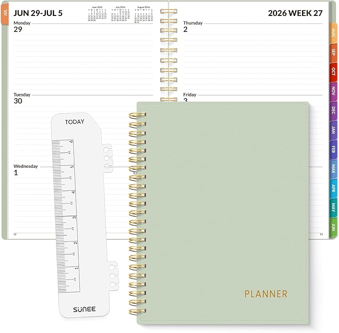 SUNEE Academic Planner 2026-2027 – Weekly & Monthly Planner, July 2026 to June 2027, 6.4"x8.3", Thick Paper, Tabs, Pockets, Bookmark, Spiral-Bound, Student Teacher Organizer, Sage Green