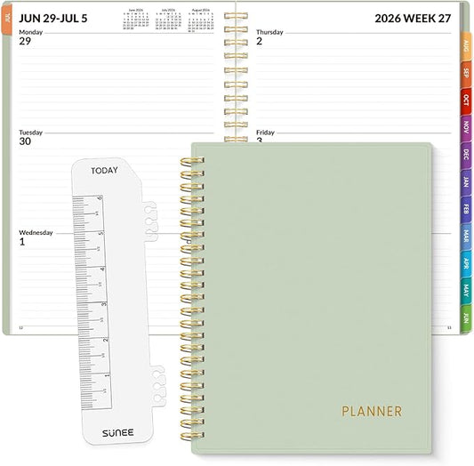 SUNEE Academic Planner 2026-2027 – Weekly & Monthly Planner, July 2026 to June 2027, 6.4"x8.3", Thick Paper, Tabs, Pockets, Bookmark, Spiral-Bound, Student Teacher Organizer, Sage Green
