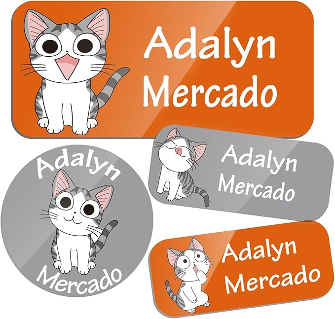 Custom Personalized Name Labels for Kids-(200-1000Labels) Waterproof Name Stickers Tags for School&Daycare,Clothing Tags,Washable&Durable Labels for Lunch Boxes, Bottles,Toys&GEA (Cat)