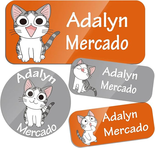 Custom Personalized Name Labels for Kids-(200-1000Labels) Waterproof Name Stickers Tags for School&Daycare,Clothing Tags,Washable&Durable Labels for Lunch Boxes, Bottles,Toys&GEA (Cat)