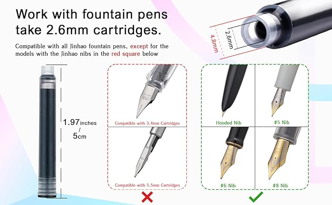 30 PCS Jinhao Fountain Pen Ink Cartridges Refill 6 Colors Set, Black, Blue, Apple Green, Purple, Red and Orange International Standard Size 2.6mm Bore Diameter