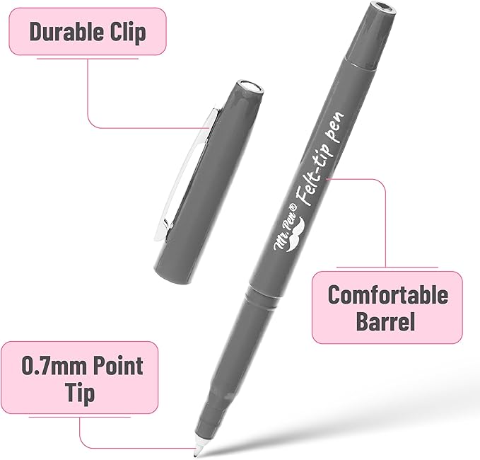 Mr. Pen- Felt Tip Pens, 5 Pack, 0.7 mm, Colorful Felt Tip Pens, Fast Dry, No Smear, Planner Markers for Underlining, Writing, Drawing, Journaling Supplies