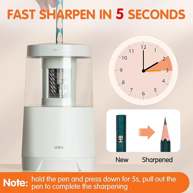 Deli Electric Pencil Sharpener, Automatic Pencil Sharpeners for No.2 Pencils Colored Pencils, Auto Stop, USB & Battery Operated for Students, Classroom, Home and Office, White