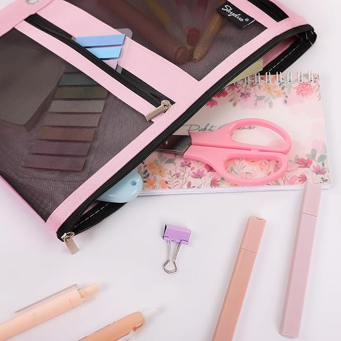 SKYDUE Pencil Pouch for 3 Ring Binder, 11"x9", 3 Pockets and Mesh Window | Zipper Pink Pencil Pouch Pencil Bag with 3 Reinforced Grommets, Organizer for School Supplies, Cables, Earbuds, Makeup