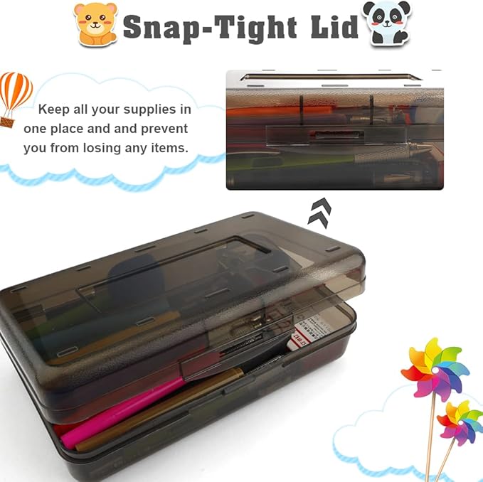 Pencil Box, Large Capacity Clear Pencil Case, 1 Pack Hard Pencil Case, Crayon Box with Snap-tight Lid Stackable Design, Plastic Storage Box for Office Supplies, Black