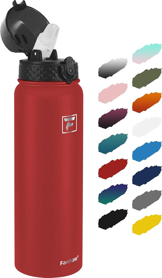 Fanhaw 32 Oz Kids Insulated Stainless Steel Water Bottle with Straw Lid, Leakproof & Anti-Dust Everyday Use Bottle for School, Women & Men, Back to School Essentials (Red)