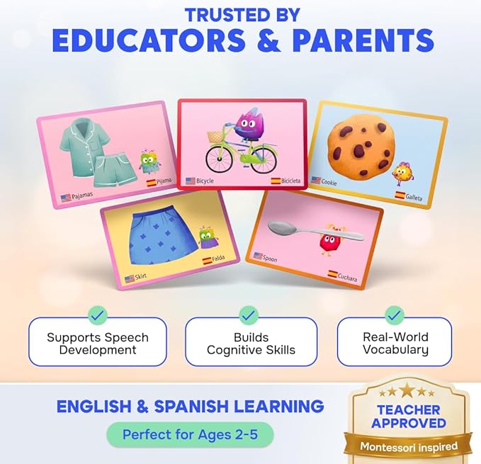 Kidrox 100 First Words Flash Cards for Toddlers, English with Spanish Learning Cards, Preschool Vocabulary & Speech Development Toy with Peek-a-Boo Sleeve for Memory Enhancement & Pattern Recognition