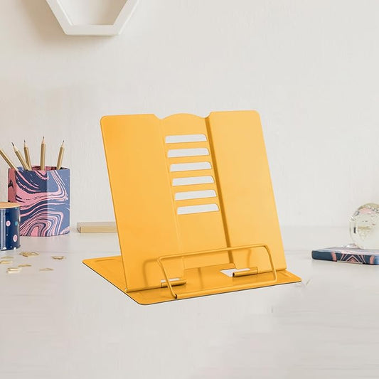 MSDADA Small Desk Book Stand Metal Reading Rest Book Holder Adjustable Cookbook Documents Holder Portable Sturdy Bookstands for Recipes Textbooks Tablet Music Books(Yellow)