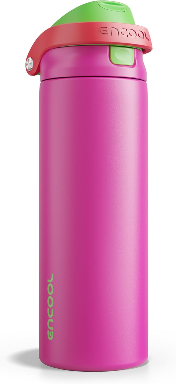 ENCOOL Leakproof Insulated Water Bottle with Straw Dual-Sip Water Bottle Bag-Safe Design for Work, Commute & Gym – Keeps Drinks Cold All Day, 24 oz, Neon Pink