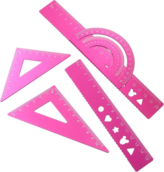 5-Piece Metal Geometry Set, Aluminum Ruler Drafting Kit Protractor & Triangular Rulers Precision for Engineers, Students, Math Measurement Tools(Pink)