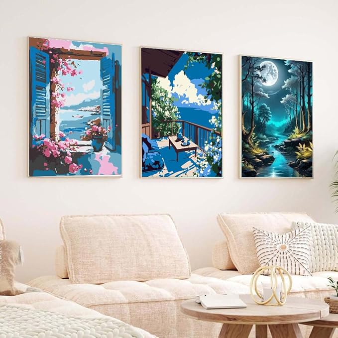 4 Pack Paint by Numbers for Adults with Framed Canvas - with Wooden Easel, Beach Paint by Number on Canvas, DIY Flower Landscape Acrylic Oil Painting Kits with Brushes for Home Wall Decor (8x12 inch)