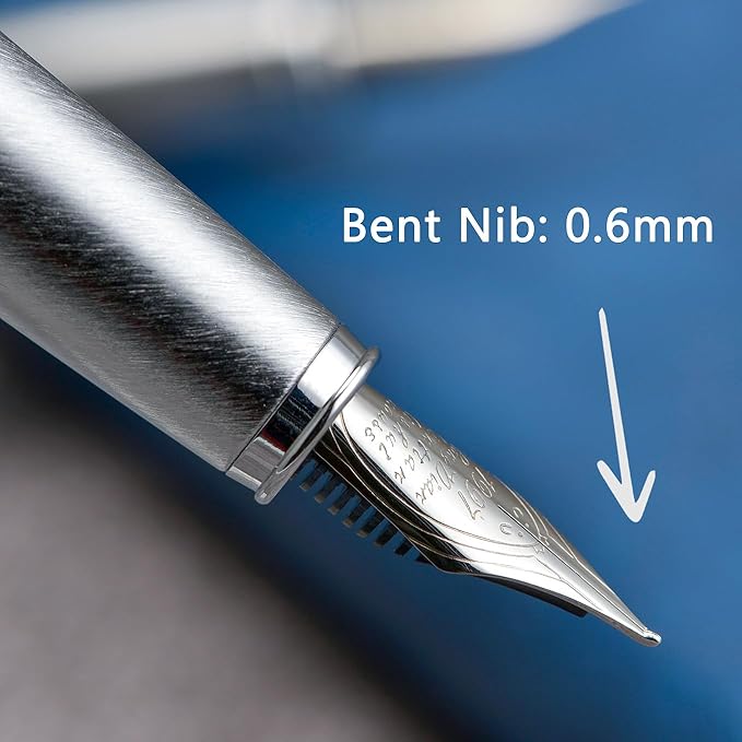 HongDian 525 Blue Metal Fountain Pen Bent Nib, Calligraphy Fude Pen 0.6mm with Converter and Metal Box Set