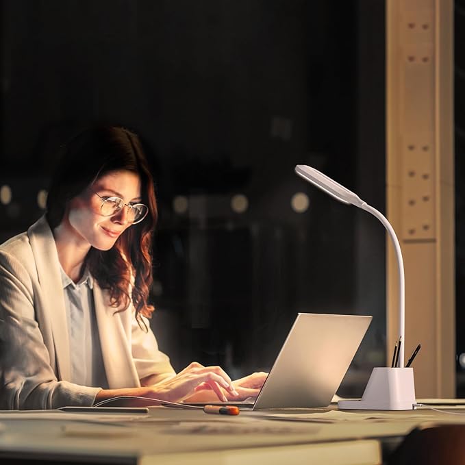 AXX White LED Desk Lamp with USB Charging Port, Flexible Gooseneck Table Light, 650LM, Phone Mount, Pen Holder, Timer Settings, Study Essentials for College Dorm Room Home Office Bedroom