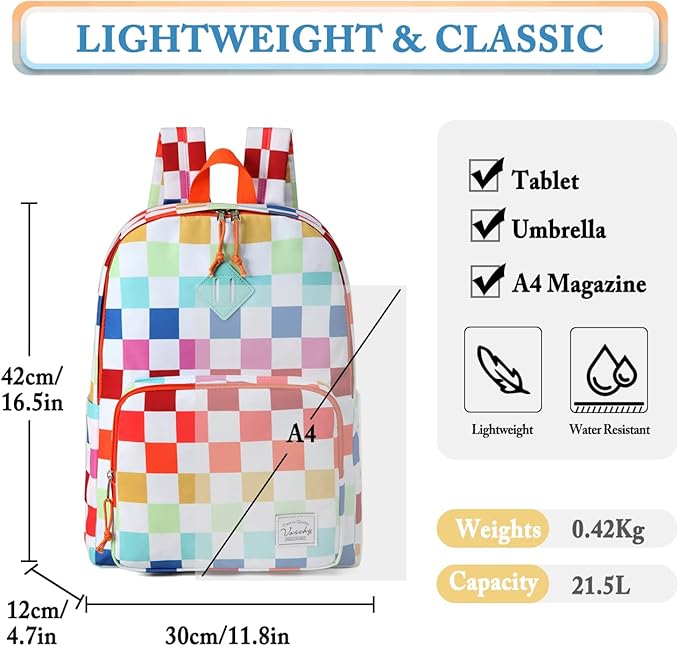 VASCHY School Backpack, Ultra Lightweight Travel Backpack for Women Schoolbag Bookbag for Kids Teen Boys Girls Multicolor