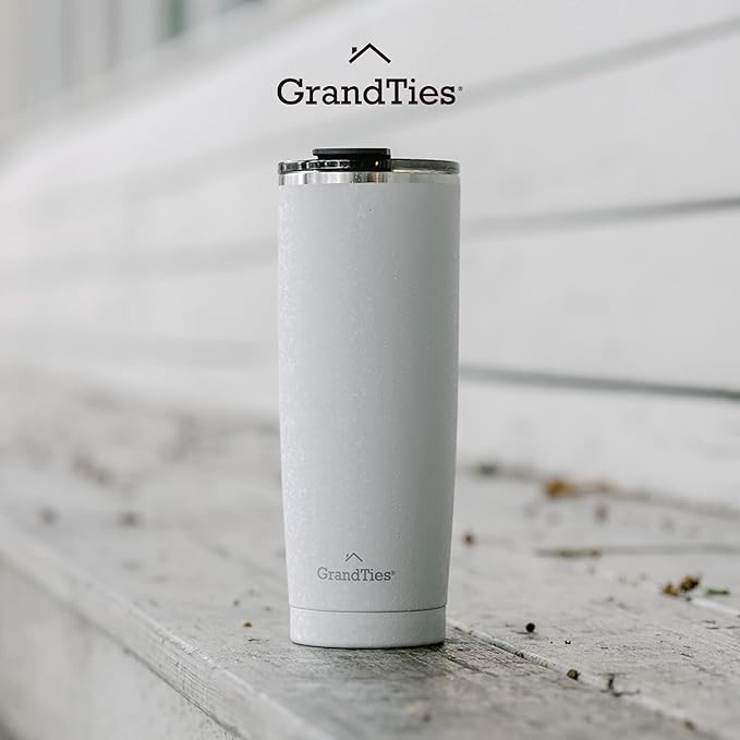 GRANDTIES Insulated Coffee Tumbler Cup w/Tritan Lid | Leak Proof, Reusable, Double Walled Vacuum Stainless Steel Travel Mug | 20oz (Snowy: Pearl)