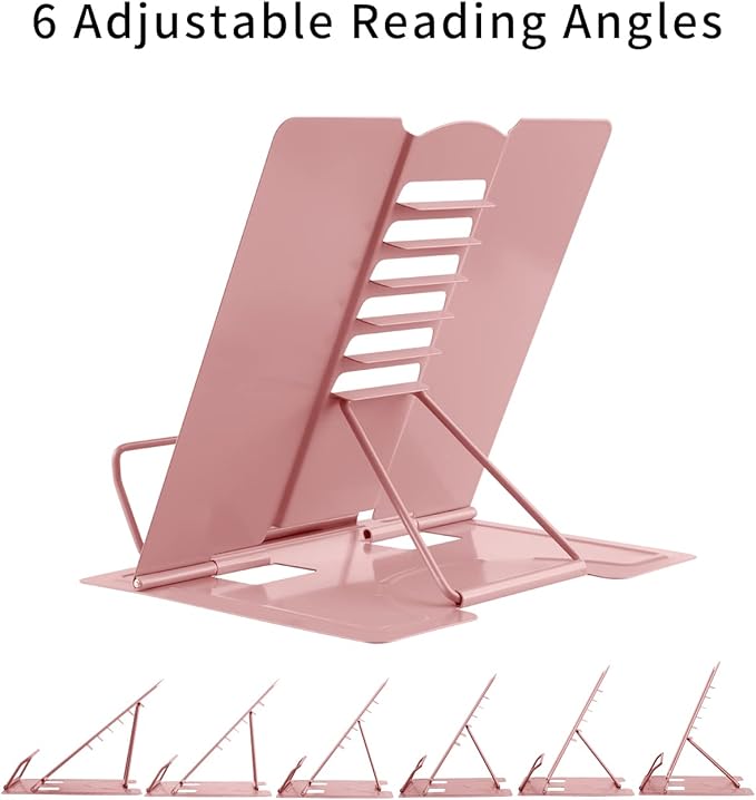 MSDADA Desk Book Stand Holder for Reading, Adjustable Cookbook Stand,Metal Reading Stand for Textbooks Recipes Music Books Tablet, Gifts for Kids Girls 8-12 (Morandi Pink)