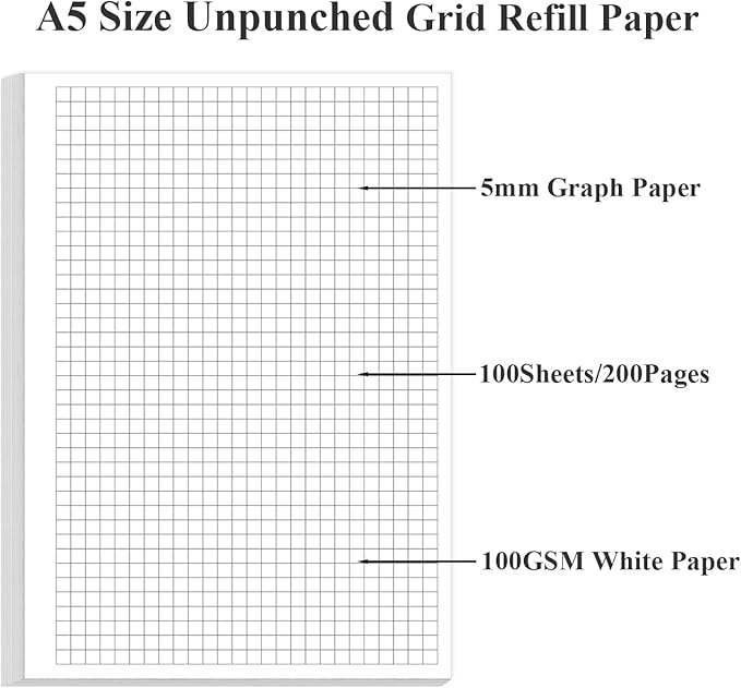 A5 Unpunched Grid Refill Paper - Graph Paper for Ring Binder/Discbound Notebook Planner Inserts, 100 Sheets/200 Pags Grid Paper, 100gsm White Pages, 5.8" x 8.3 "