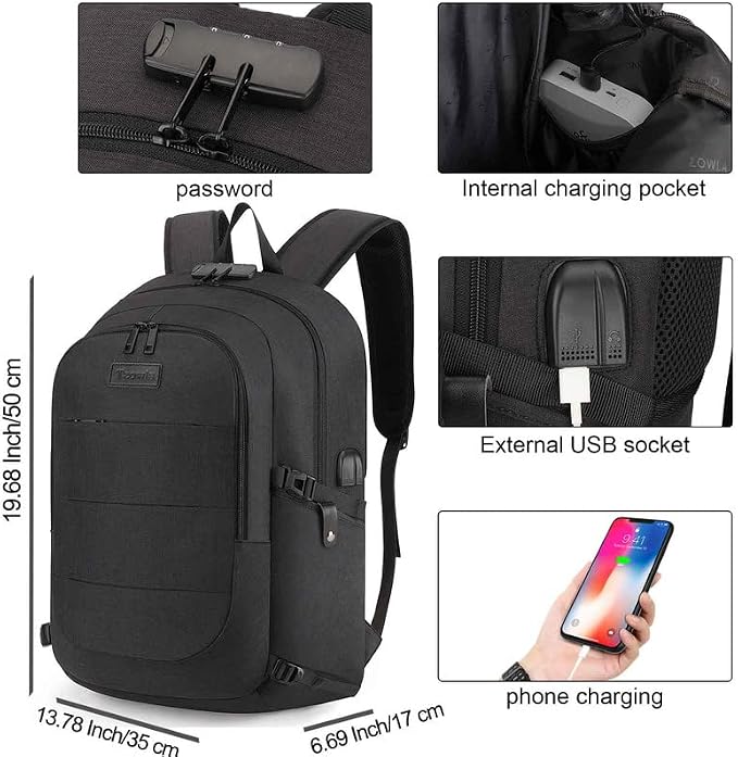 Tzowla Travel Laptop Backpack Water Resistant Anti-Theft Bag with Lock | 15.6 Inch Computer Business Backpacks with Giant Tumbler Holder Pocket for Women Men Work College Gift,Casual Daypac,Black