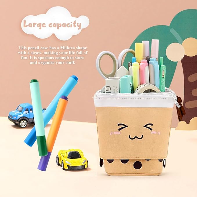 Cute Standing Pencil Case Pen Holder for Kids, Pop Up Stand UP Bubble Tea Pen Organizer Kawaii Stationary for Christmas Holiday New Year Office (Brown)