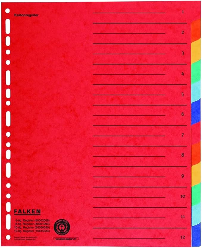 Falken Cardboard Index for DIN A4 24 x 29.7 cm Full Height with Organisational Print (12 Pieces | Pack of 20)