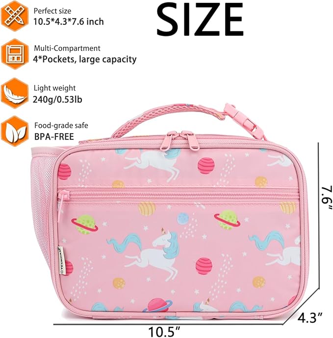GYEUKHAM Insulated Lunch Box for School, Thermal Reusable Durable Freezable Lunch Bags for Kids Boys Girls Men Women - Small Soft Cooler Portable Lunch Tote Kit for Work Picnic Travel,Pink Unicorn