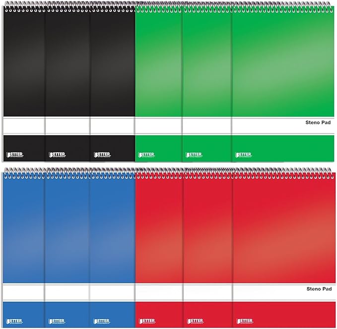 Better Office Products Steno Pads Spiral 6x9 12 Pack, 80 Sheets White Paper, Gregg Rule, Assorted Colors (Red, Black, Blue, Green), Steno Pads &Steno Notebooks Top Spiral