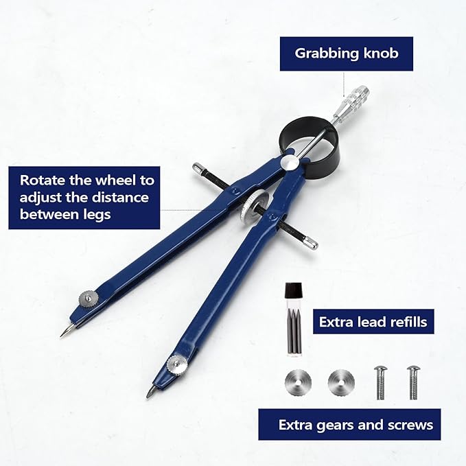Compass for Geometry, Metal Compass with Extra Refills Compass Drawing Tool for Students Drafting Compass Back to School Supplies (Blue 1pc)