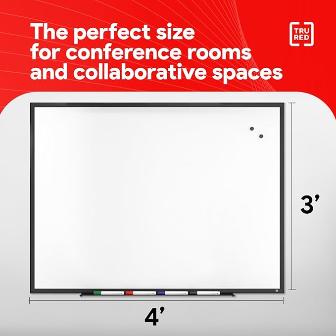 TRU RED Magnetic Porcelain Whiteboard | Dry Erase Board for Wall, White Board with Black Frame, 3 ft x 4 ft, 4 Multicolor Markers Included