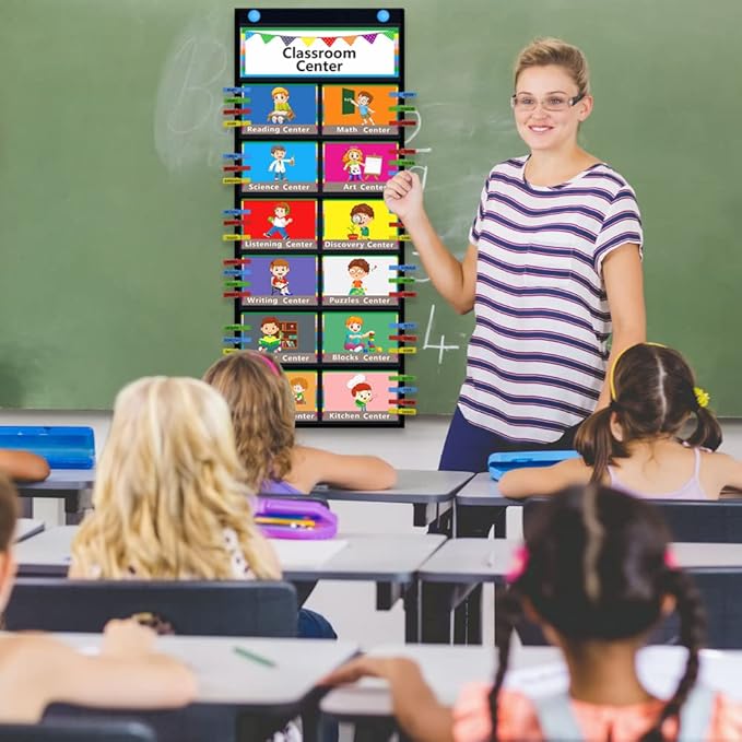 Class Jobs Pocket Chart Classroom Management Pocket Chart,Job Chart for Classroom, with 12 Cards and 32 Clothespins