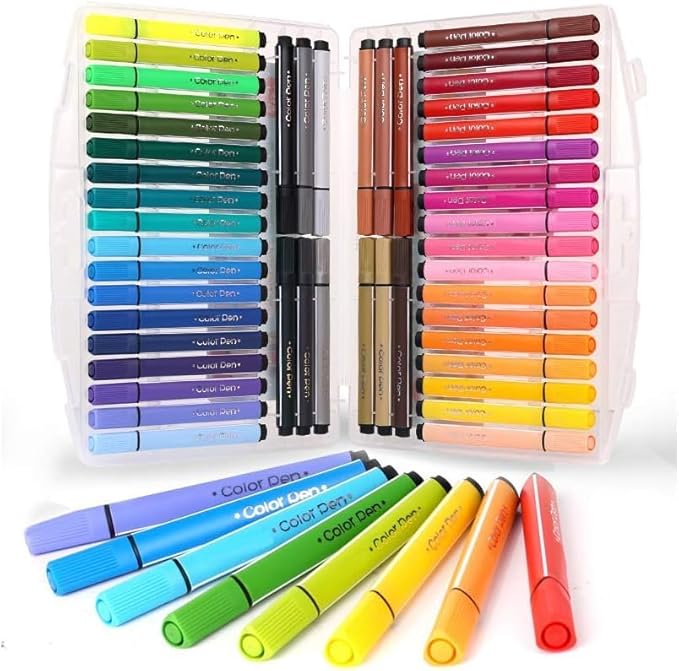 Marte Vanci Triangle Shape Washable Coloring Pens Felt Tip for Kids Coloring Book Doodling Graffiti Easy to Clean Bright Color Pen With Carrying Case,Can Write 450M Per Pen (48 Colors)