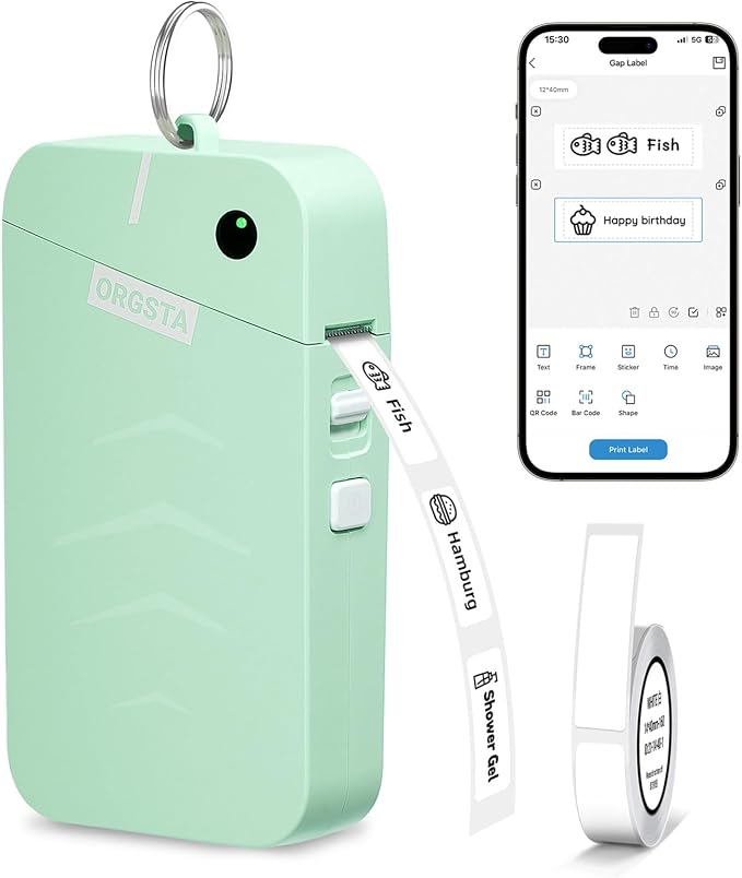 ORGSTA S001 Label Maker Machine with Tape, Portable Bluetooth Label Maker for Home and Office Organization, Thermal Label Printer Mini Sticker Maker with Multiple Templates, Green