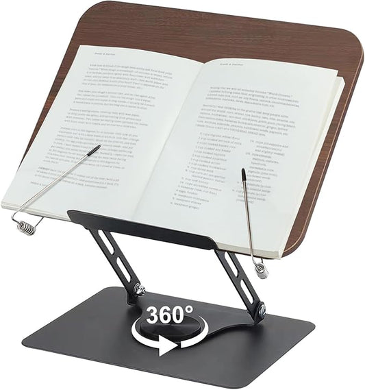 comfoyar Book Stand for Reading, Foldable Textbook Reading Stand with 360° Swivel Base and Elastic Page Clips, Adjustable Desk Cookbook Holder for Recipe Tablet Laptop Music Scores, Hands Free
