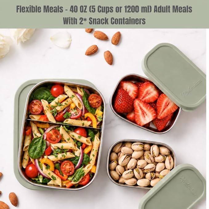 Modaniam Flexibento Leak Proof 40 OZ Stainless Steel Lunch Box, Silicone Lids, Sage Set of 3