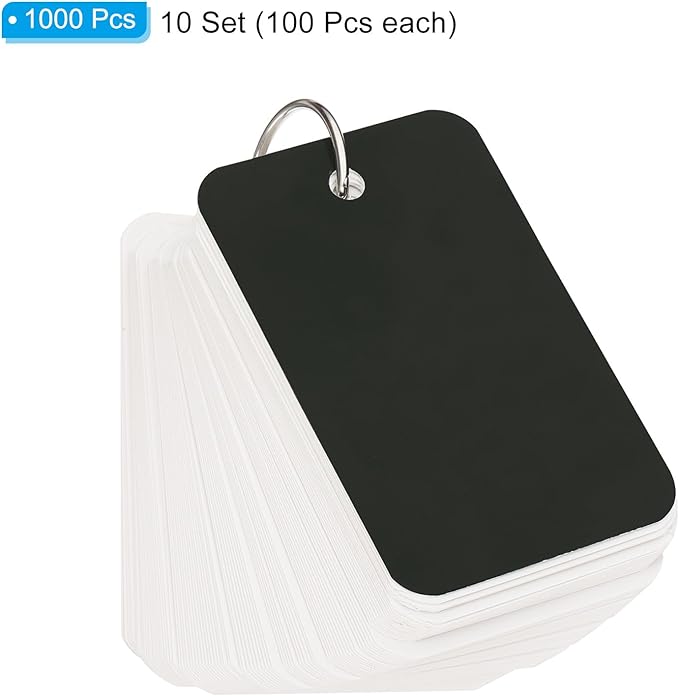PATIKIL Blank Index Cards with Ring, 1000Pcs Blank Flash Card 3.5x2" Study Note Cardstock for Memory Learning Studying Office Supplies, Light Black White