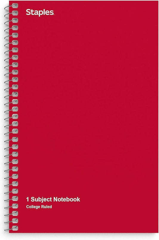 STAPLES 1‑Subject Notebook, 5” x 7.75”, College Ruled, 80 Sheets, Assorted Colors, 9/Carton
