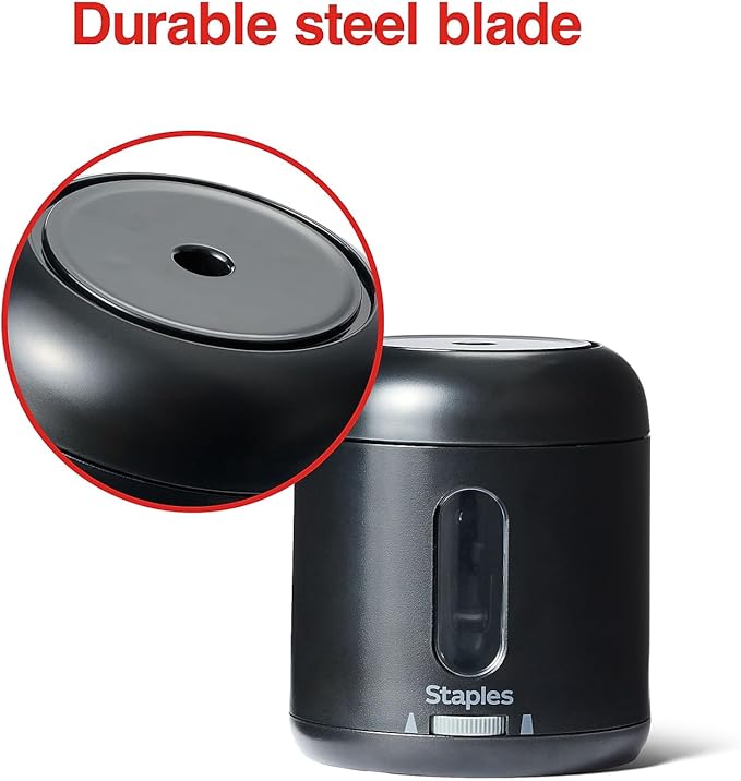 Staples Dual Powered Pencil Sharpener, Black – Electric or Battery Operated Sharpener for Home & Office Use