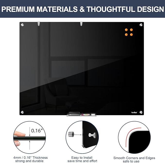 Glass Whiteboard Black Dry Erase Board Magnetic, TANKEE Modern Large Frameless Tempered Glass White Board for Wall, Office, Home, School, 48” x 32” Black Glassboard